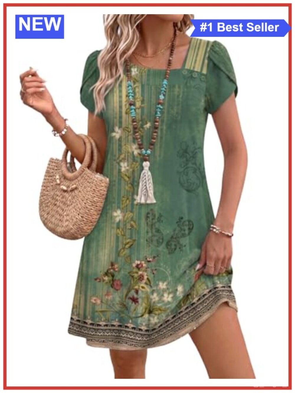 Summer A-Line Midi Dress w/ Pockets Petal Sleeve Square Neck Casual